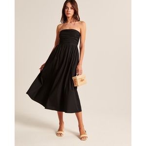 Abercrombie Poplin Strapless Midi Dress in Black